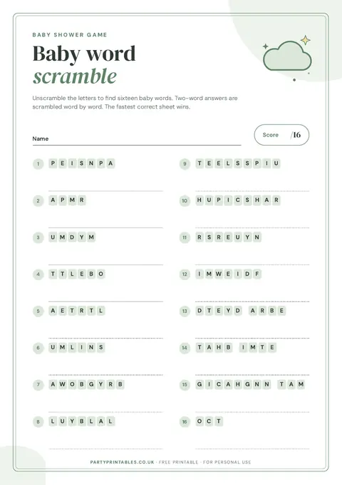 Preview of the Baby shower word scramble printable