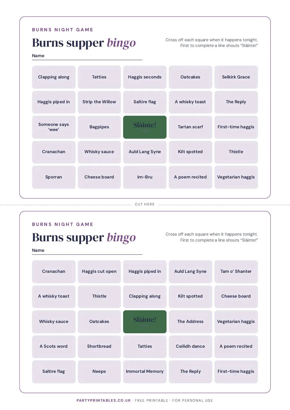 Page 1 of the Burns supper bingo printable