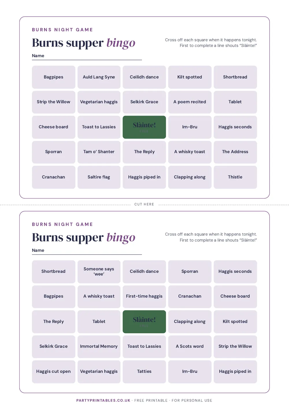 Page 2 of Burns supper bingo