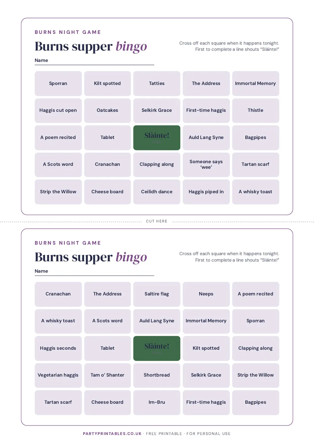 Page 3 of Burns supper bingo