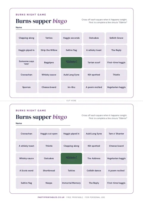 Preview of the Burns supper bingo printable