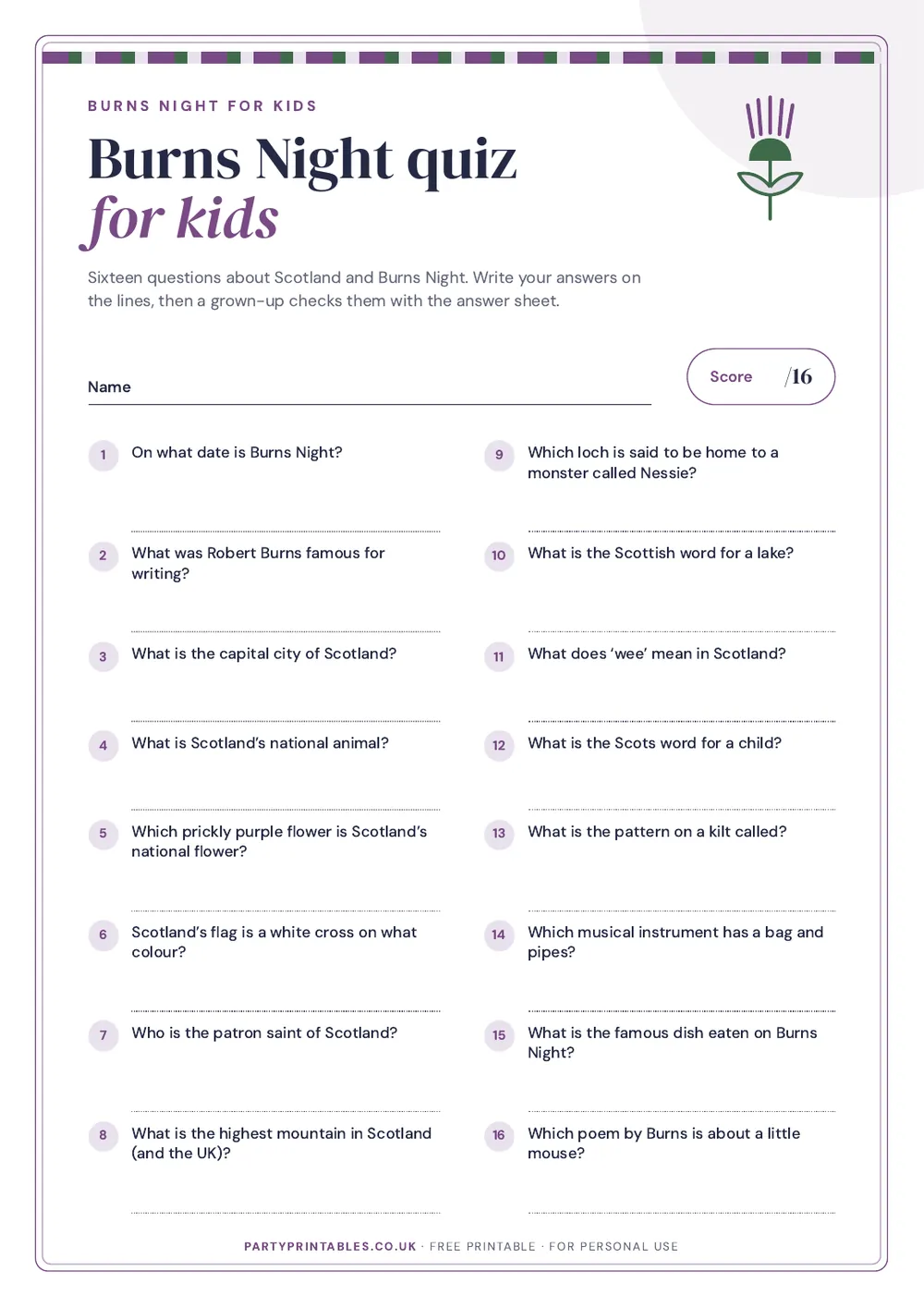 Page 1 of the Burns Night quiz for kids printable