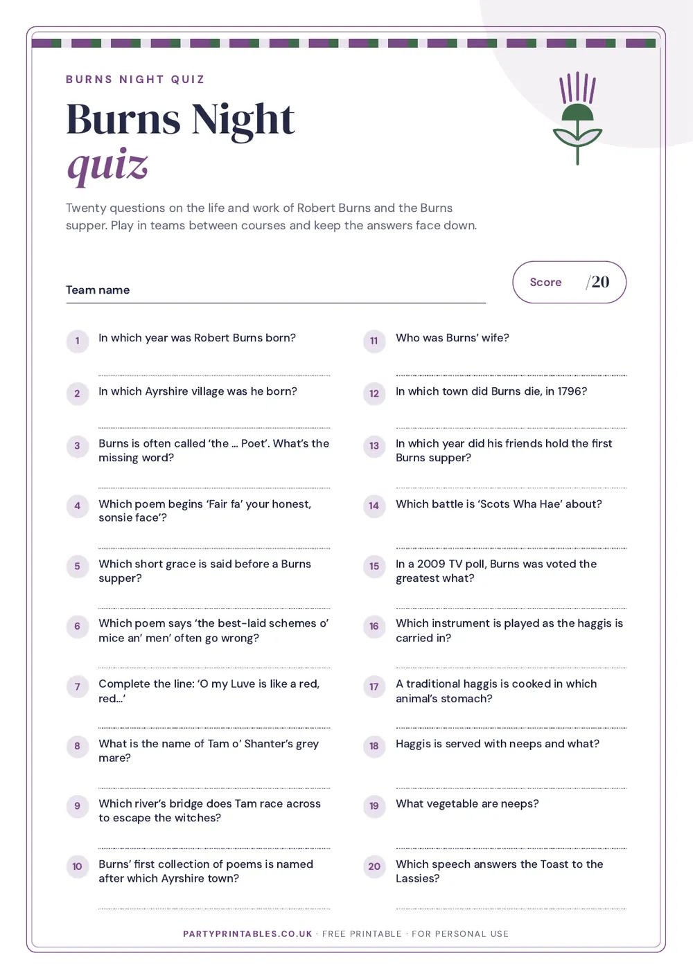 Page 1 of the Burns Night quiz printable