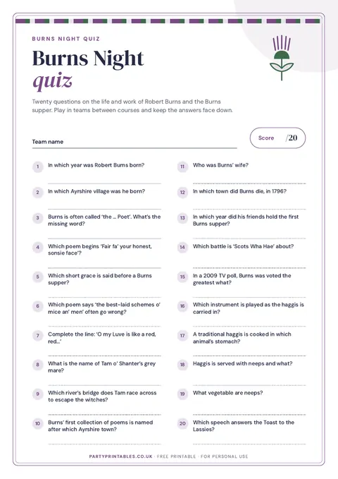 Preview of the Burns Night quiz printable