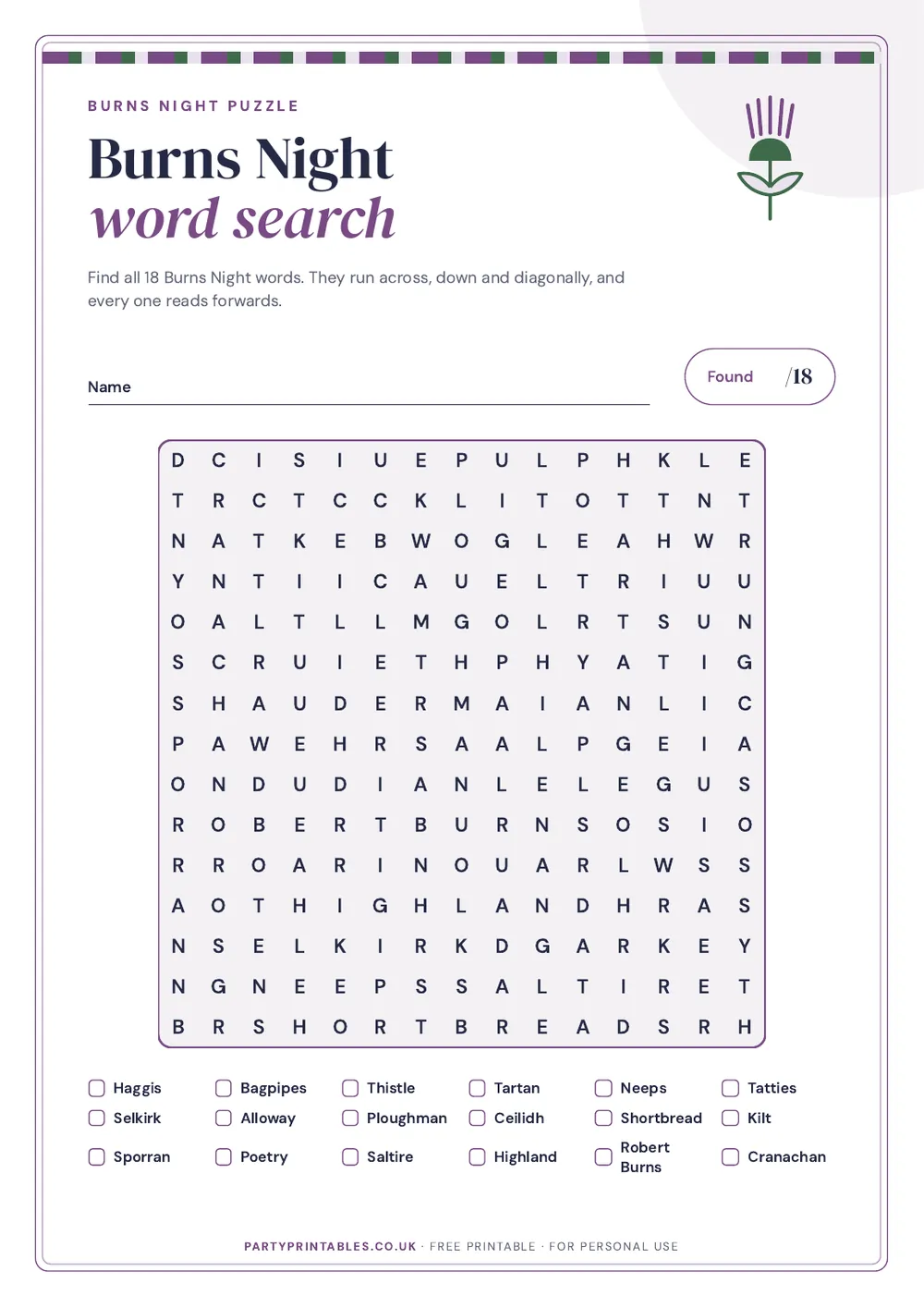 Page 1 of the Burns Night word search printable