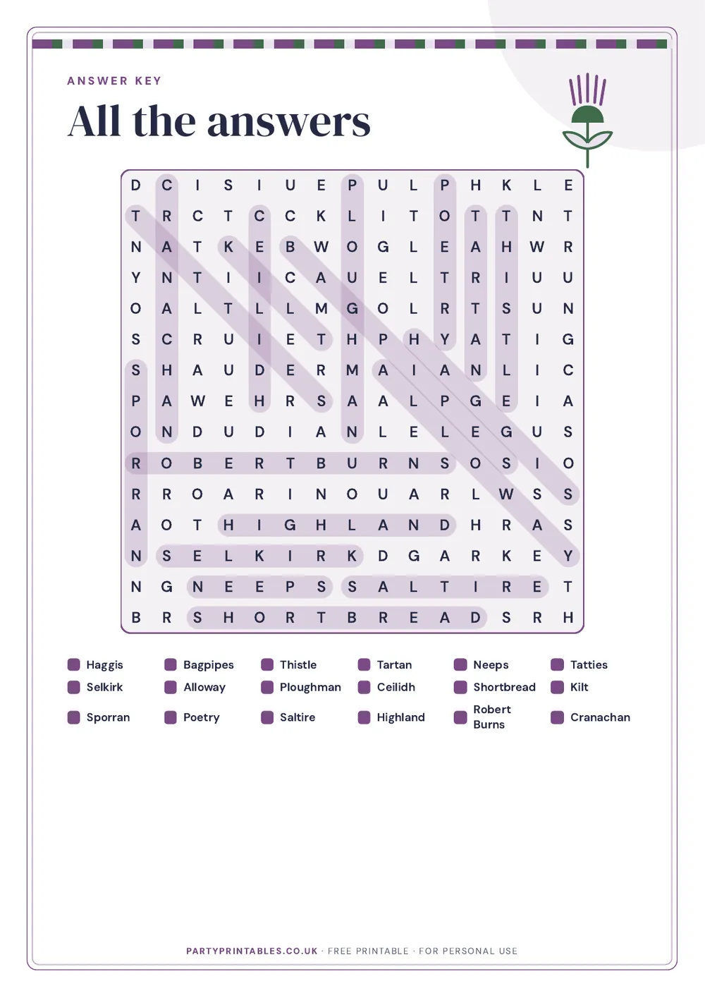 Page 2 of Burns Night word search
