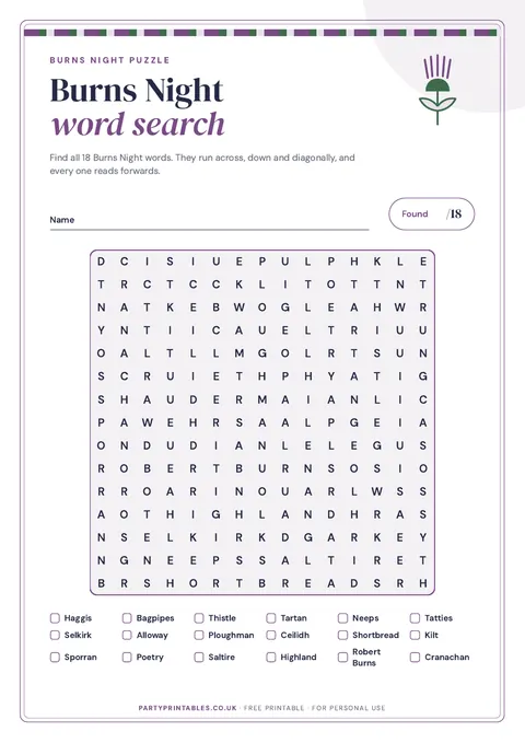 Preview of the Burns Night word search printable