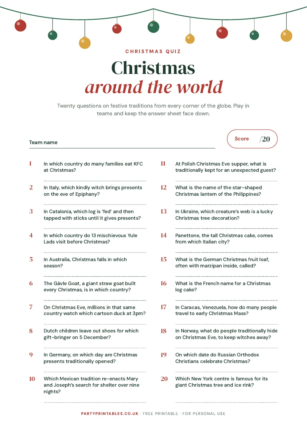 Page 1 of the Christmas around the world quiz printable