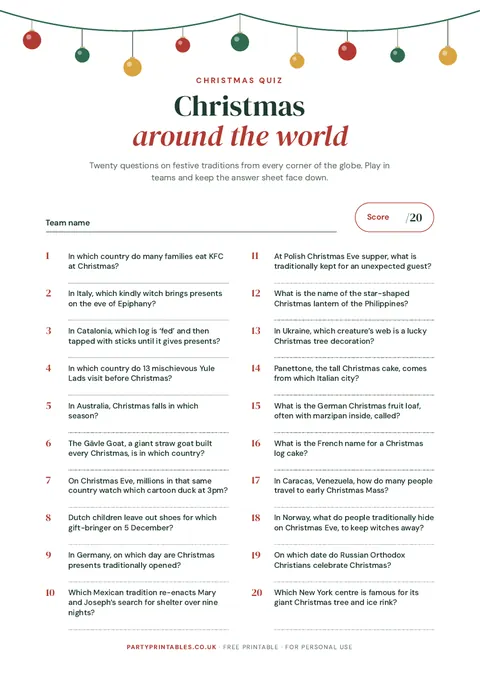 Preview of the Christmas around the world quiz printable
