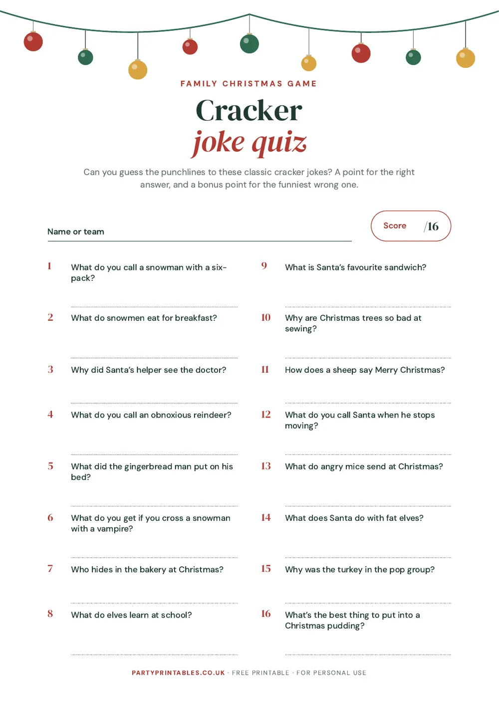 Page 1 of the Christmas cracker joke quiz printable