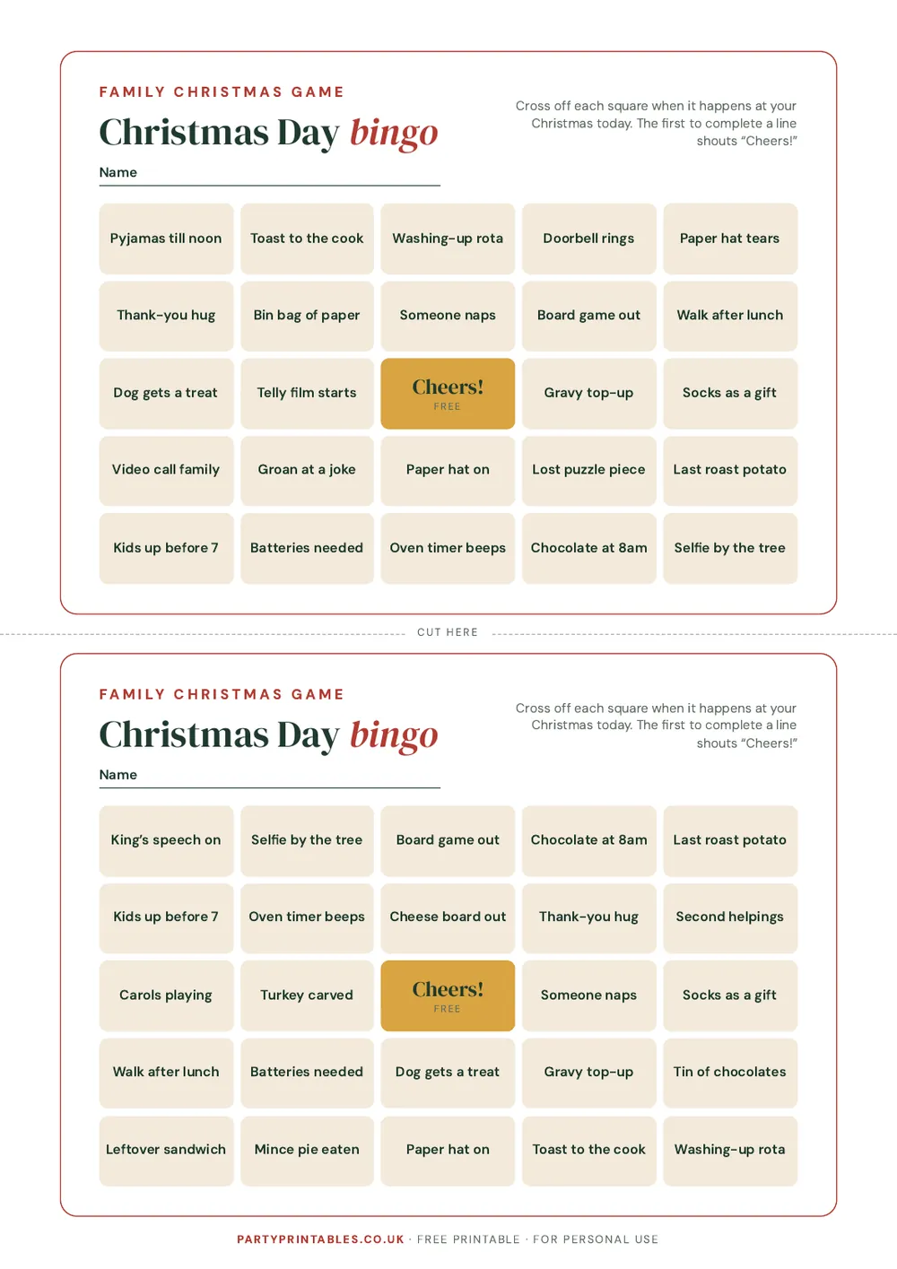 Page 1 of the Christmas Day bingo printable