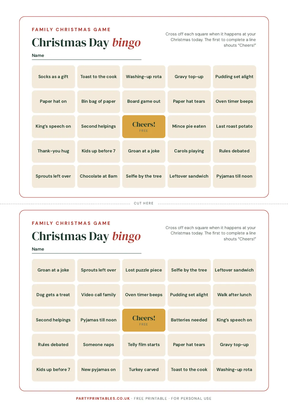 Page 2 of Christmas Day bingo