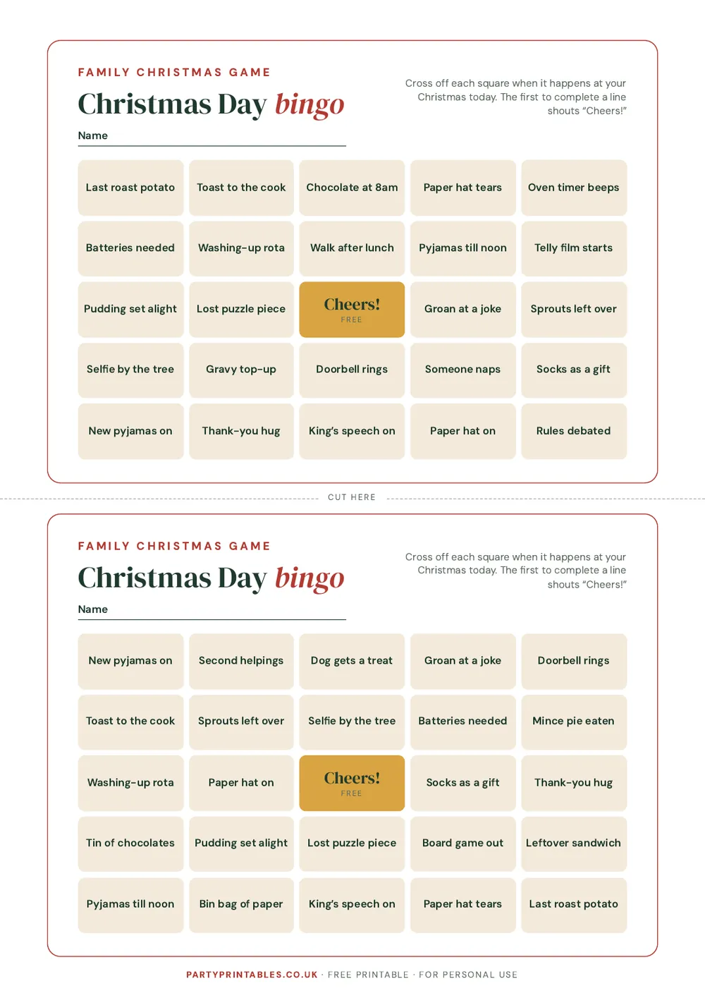 Page 3 of Christmas Day bingo