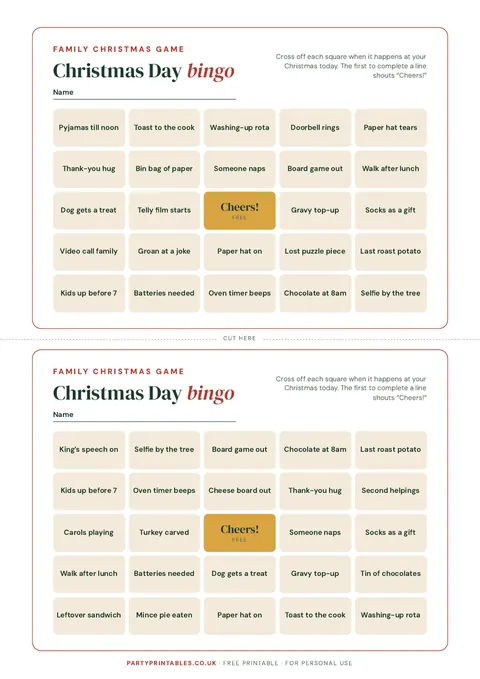 Preview of the Christmas Day bingo printable
