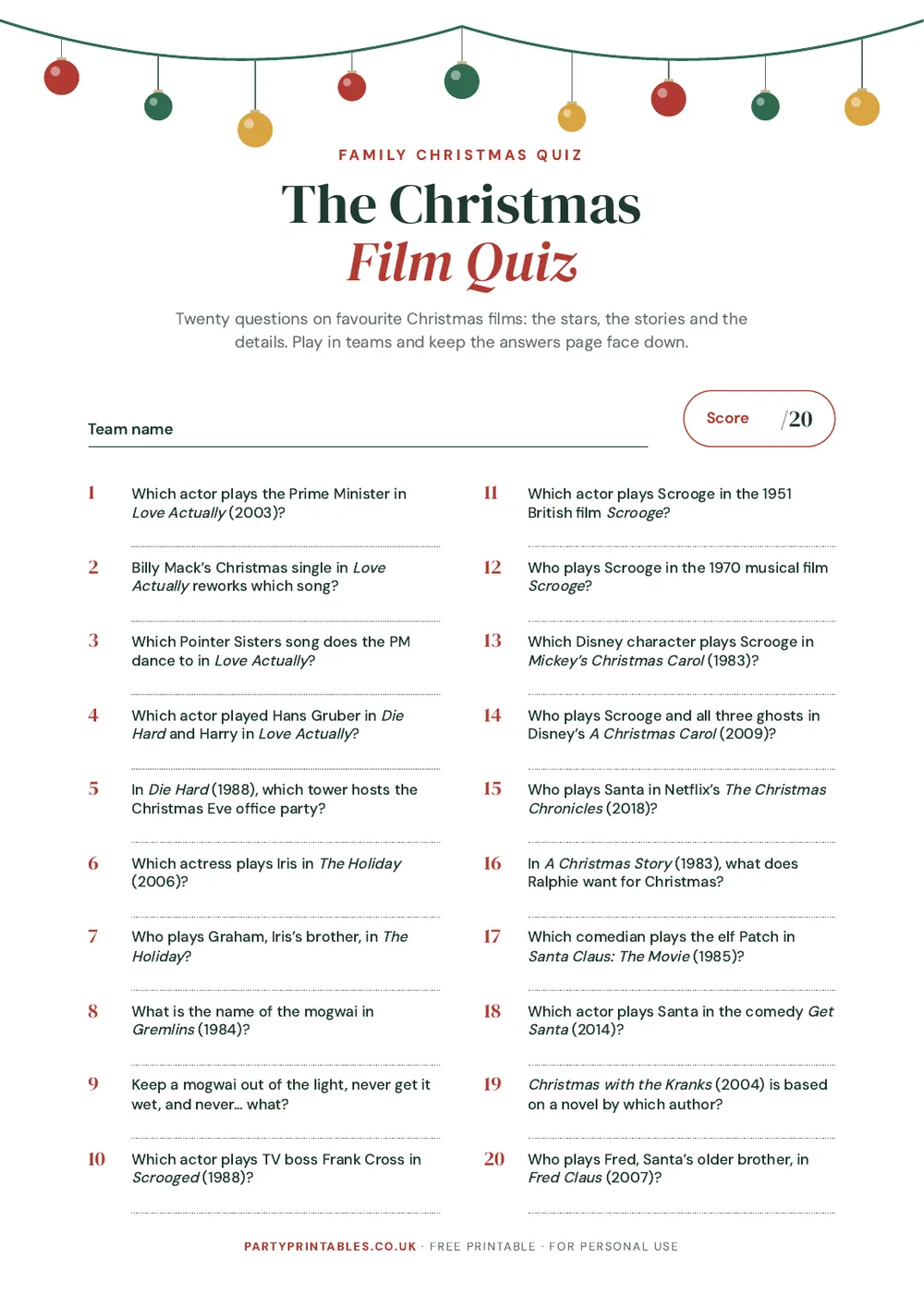Page 1 of the Christmas film quiz printable