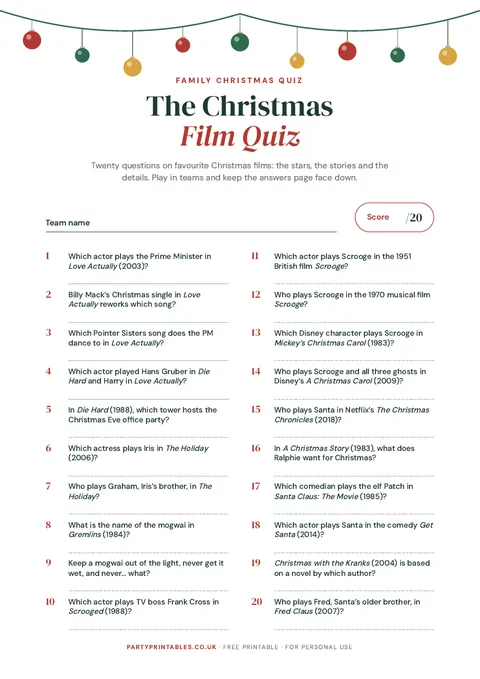 Preview of the Christmas film quiz printable