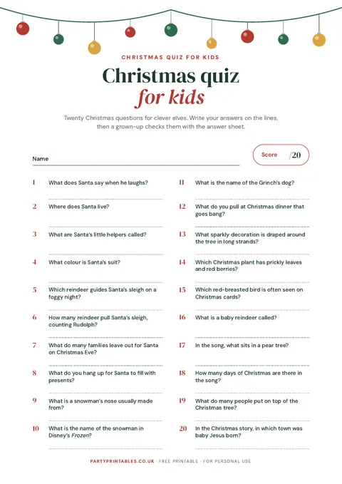 Preview of the Christmas quiz for kids printable