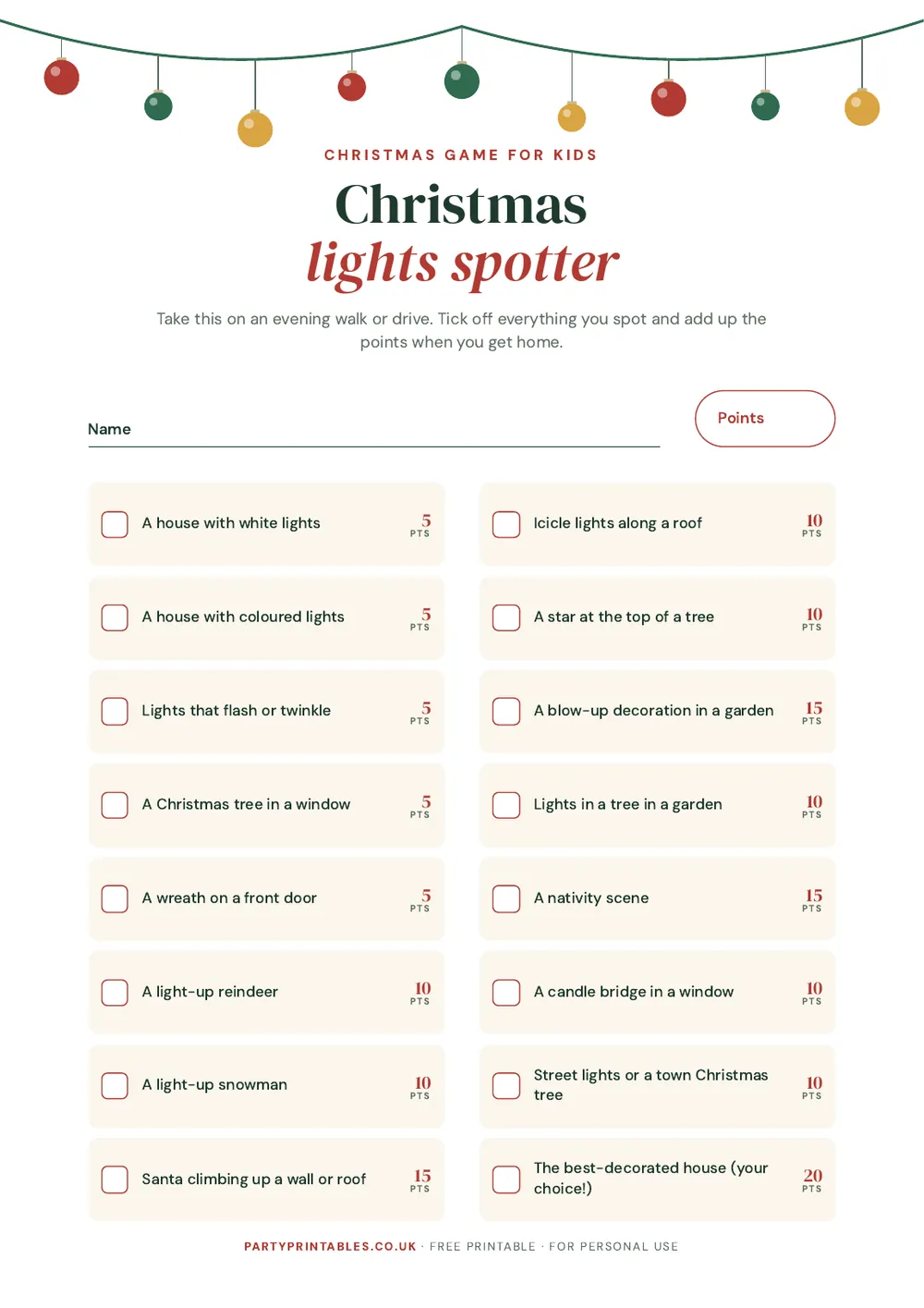 Page 1 of the Christmas lights spotter printable