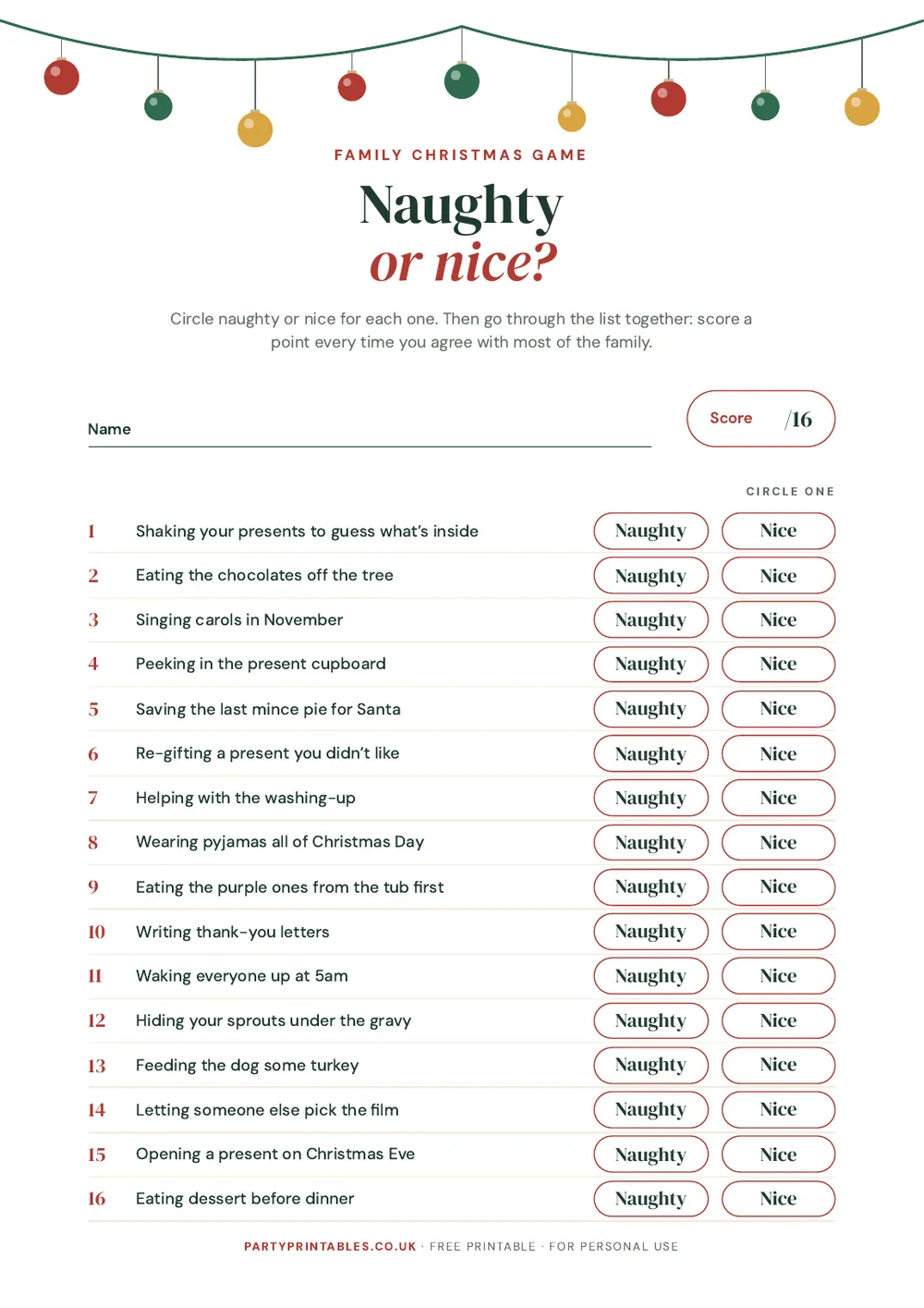 Page 1 of the Naughty or nice? Christmas family game printable