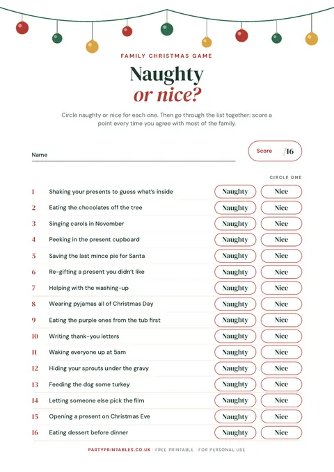 Preview of the Naughty or nice? Christmas family game printable