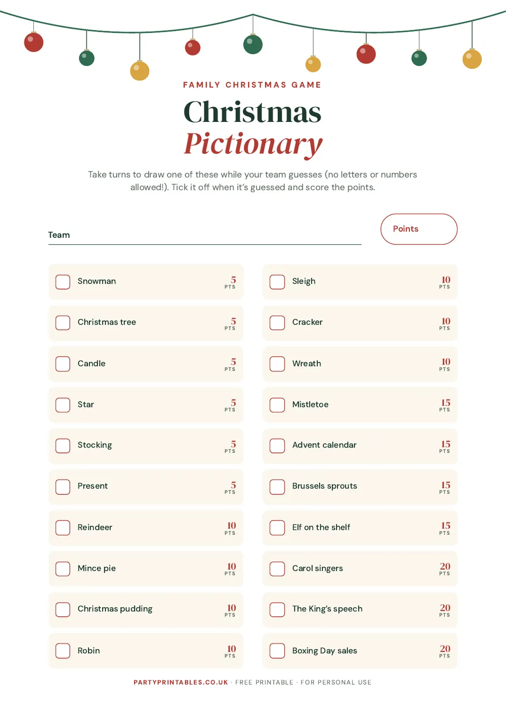 Page 1 of the Christmas Pictionary words printable