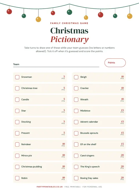 Preview of the Christmas Pictionary words printable