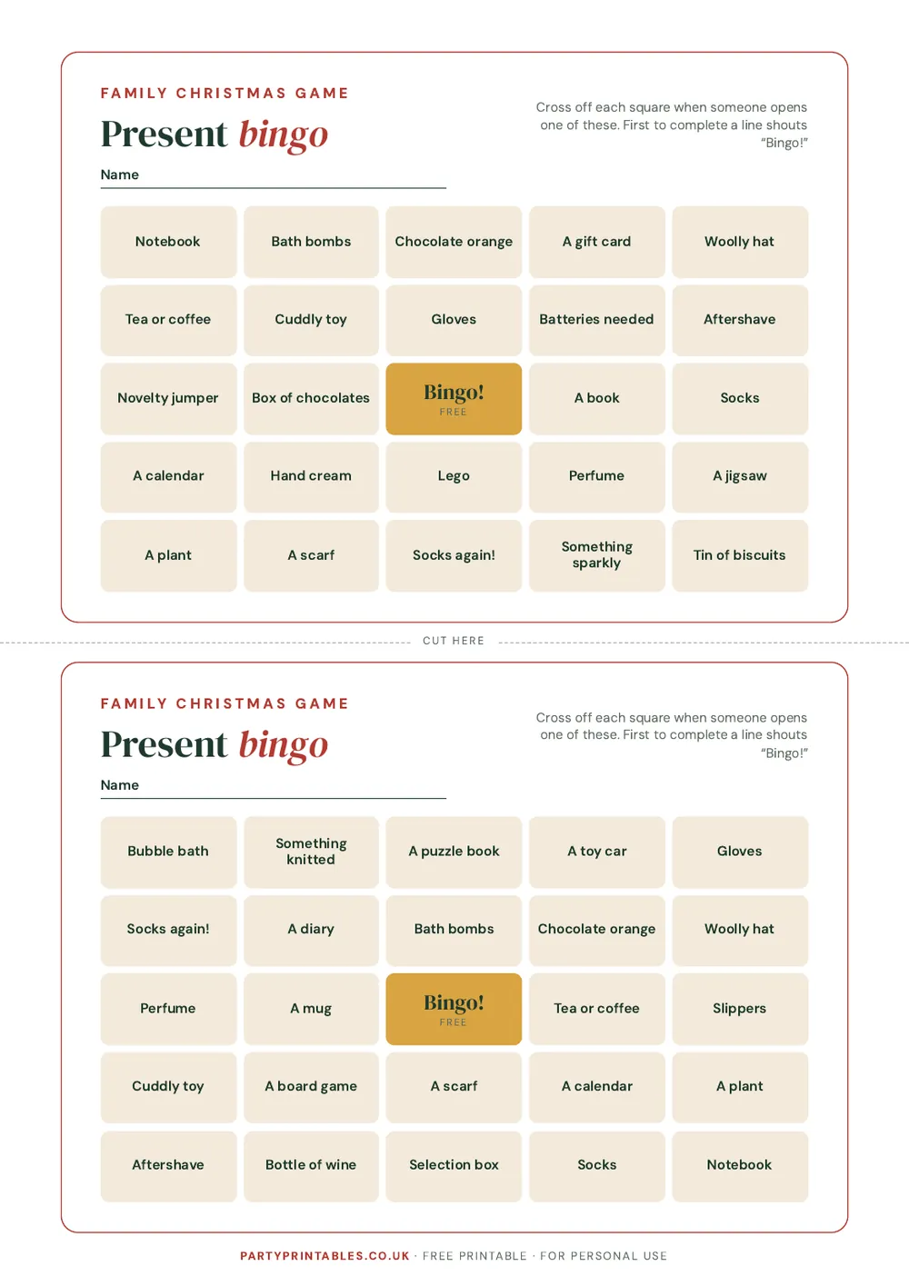 Page 1 of the Christmas present bingo printable