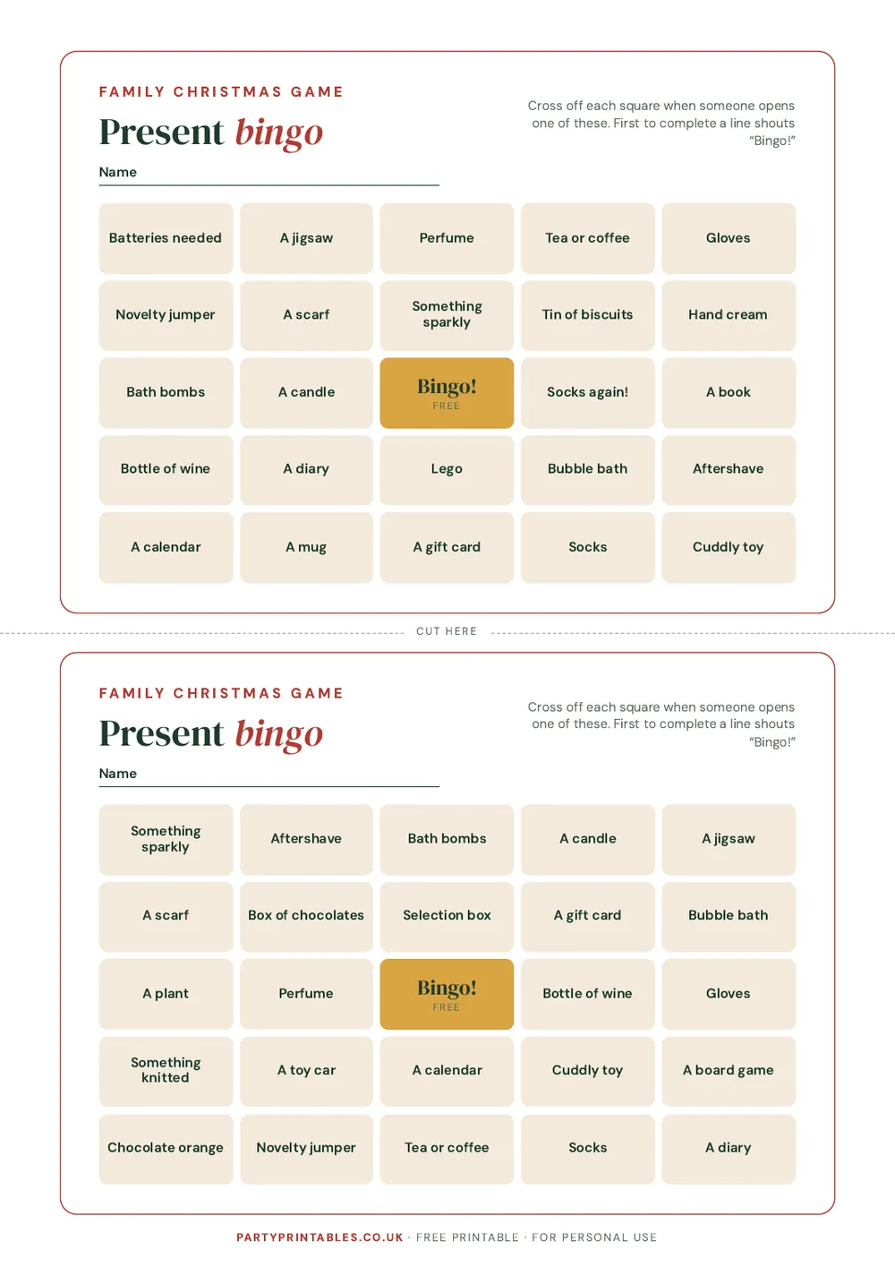 Page 2 of Christmas present bingo