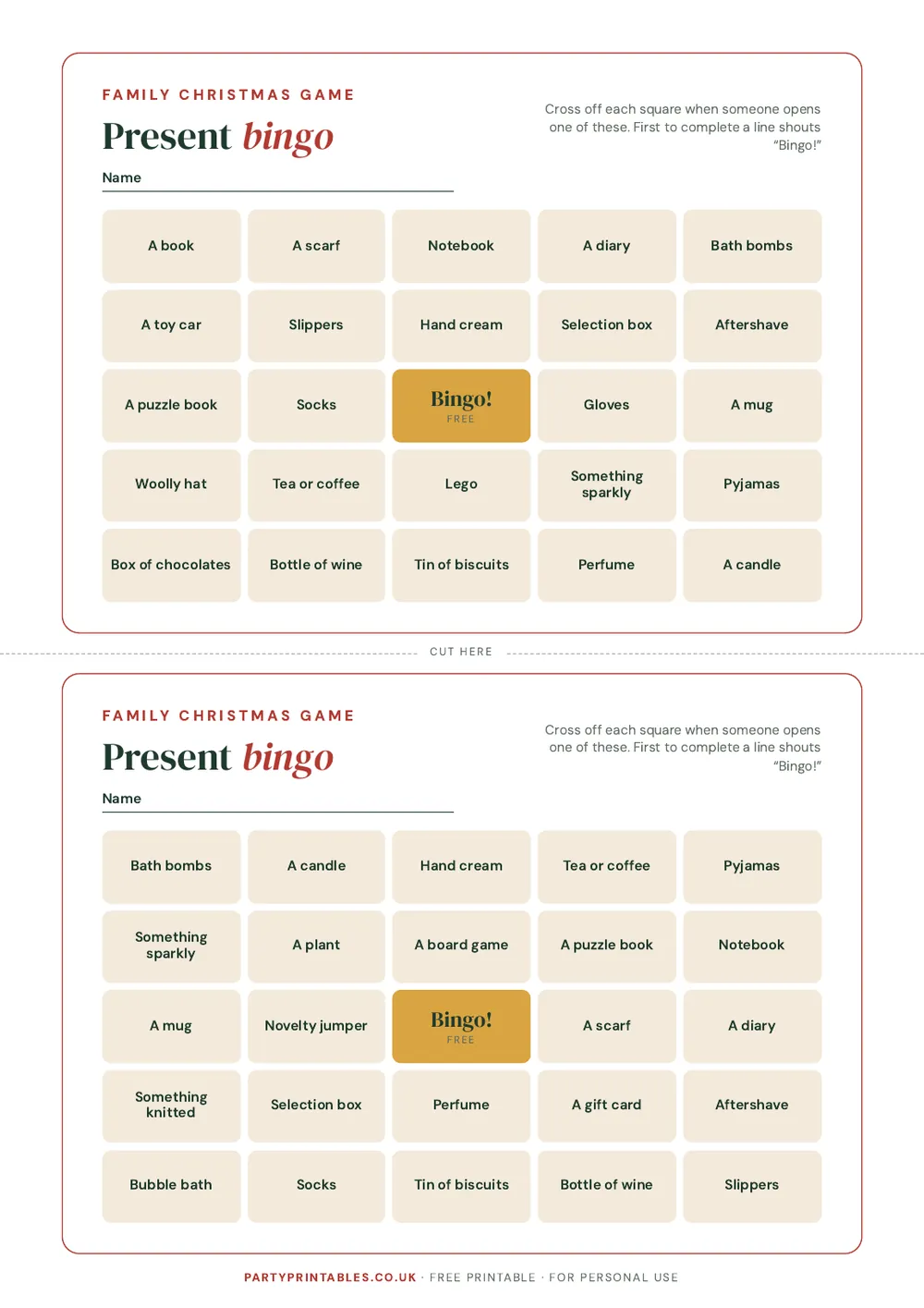 Page 3 of Christmas present bingo