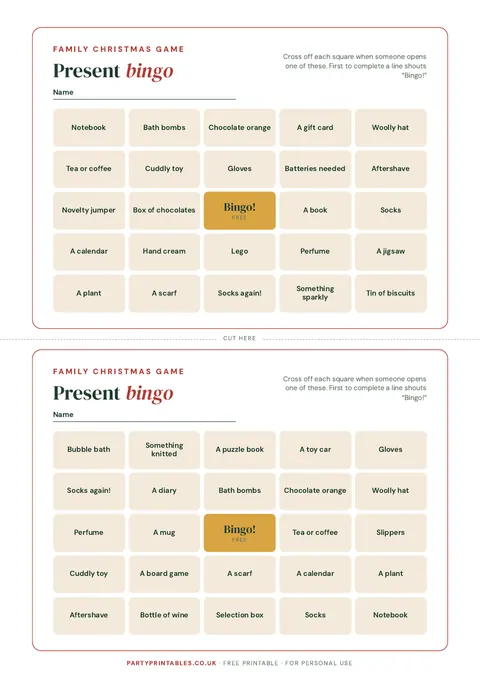 Preview of the Christmas present bingo printable