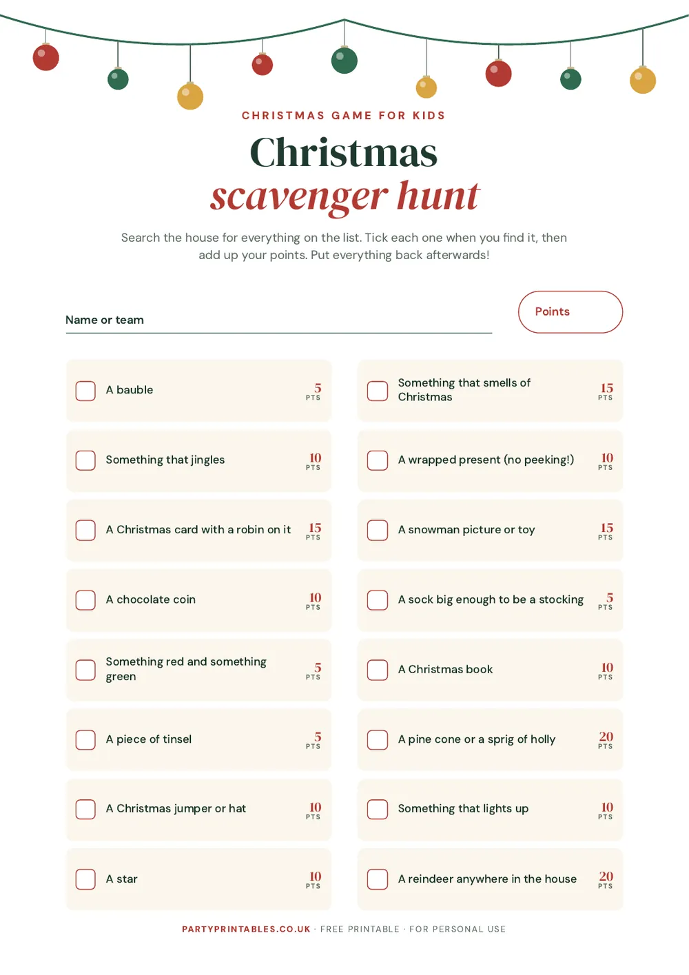 Page 1 of the Christmas scavenger hunt for kids printable