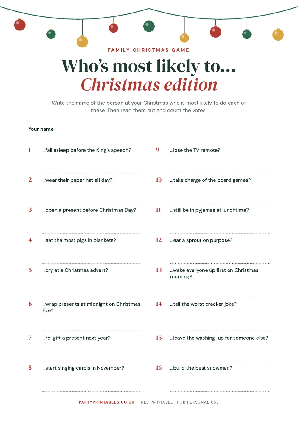 Page 1 of the Who’s most likely to…? Christmas family edition printable