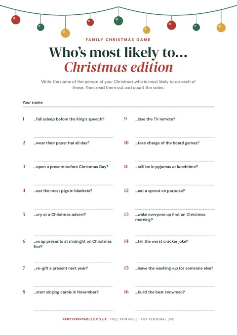 Preview of the Who’s most likely to…? Christmas family edition printable