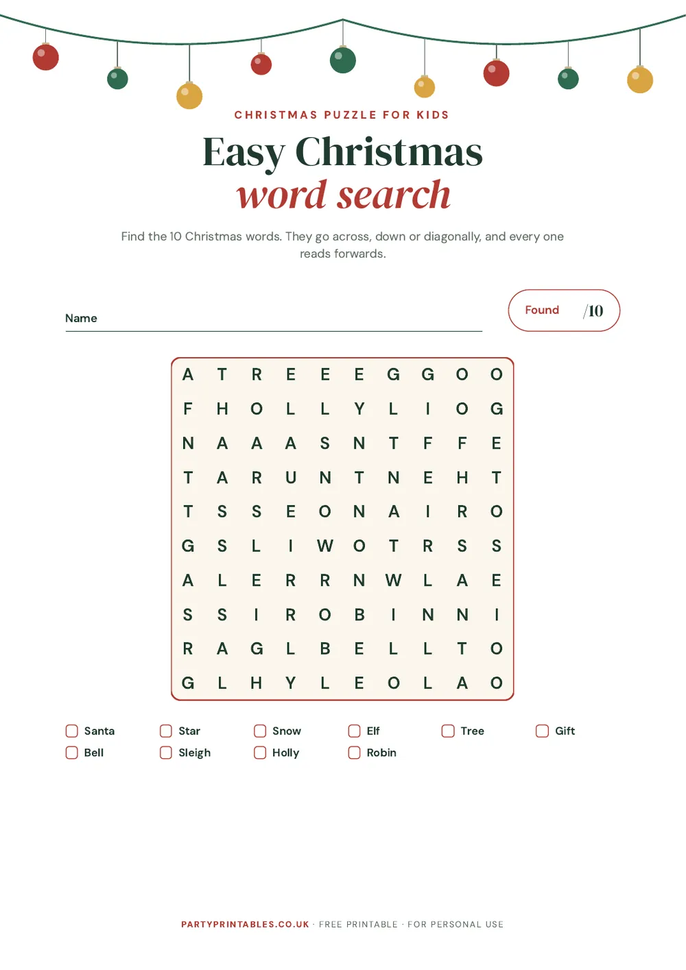 Page 1 of the Easy Christmas word search for kids printable