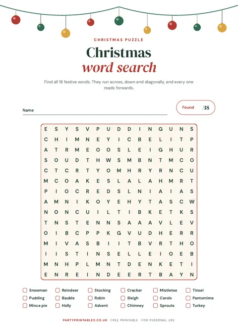 Preview of the Christmas word search printable