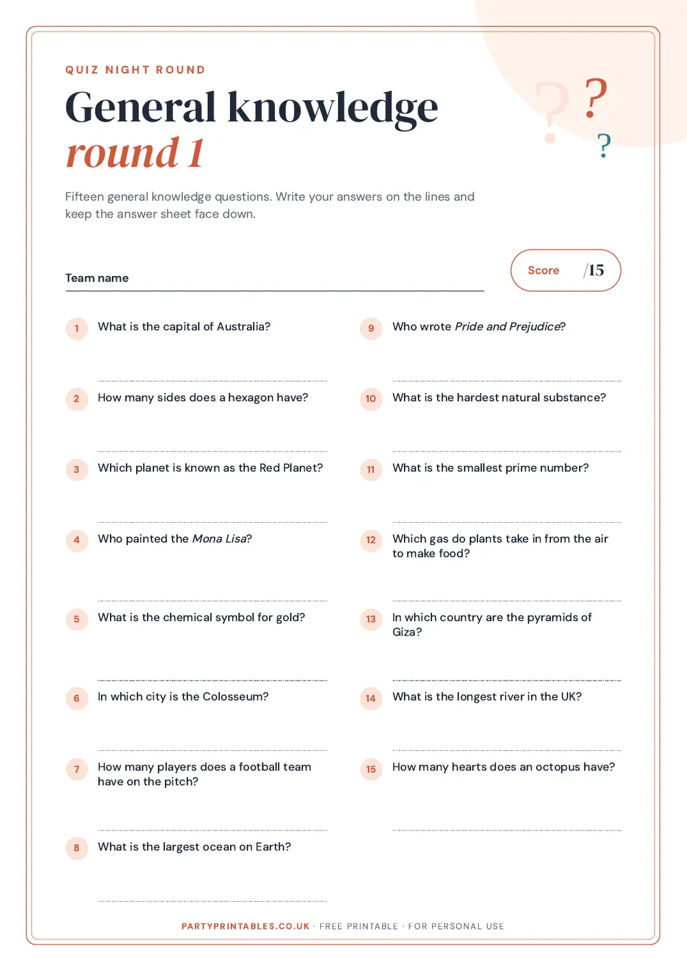 Page 1 of the General knowledge quiz: round 1 printable