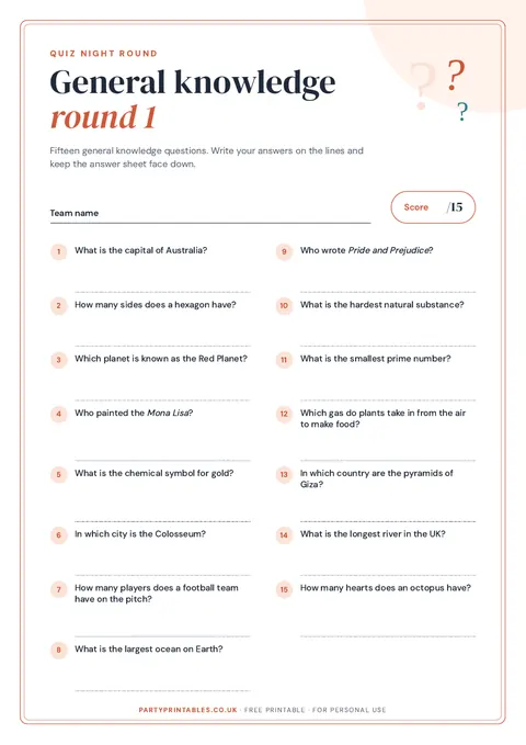 Preview of the General knowledge quiz: round 1 printable
