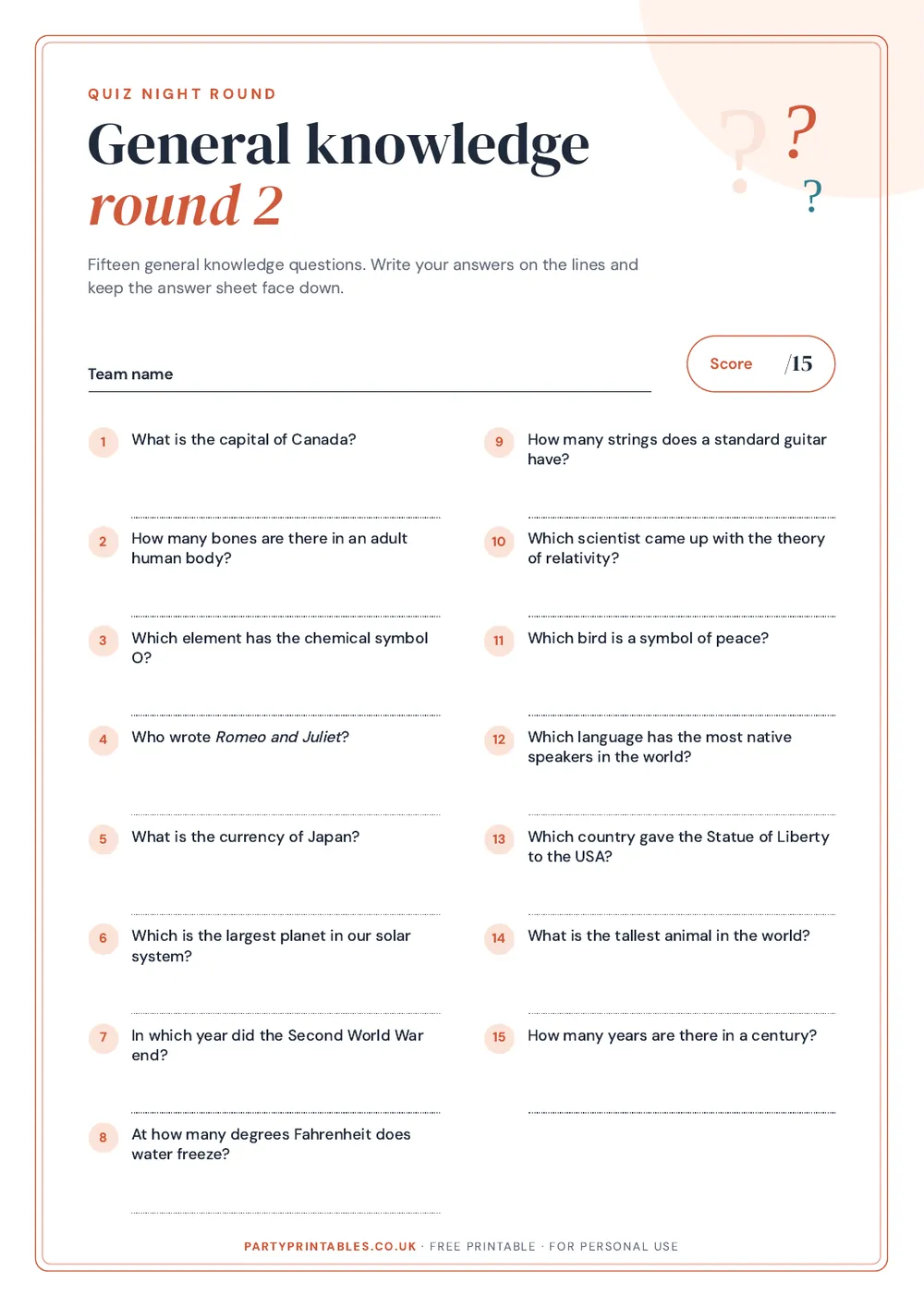 Page 1 of the General knowledge quiz: round 2 printable