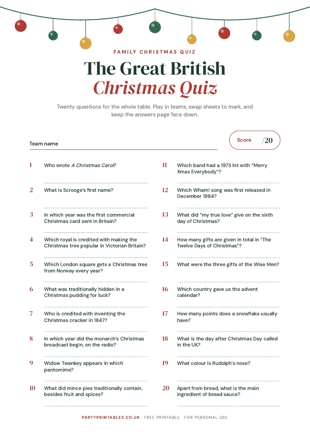 Page 1 of the The Great British Christmas Quiz printable