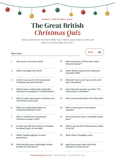 Preview of the The Great British Christmas Quiz printable