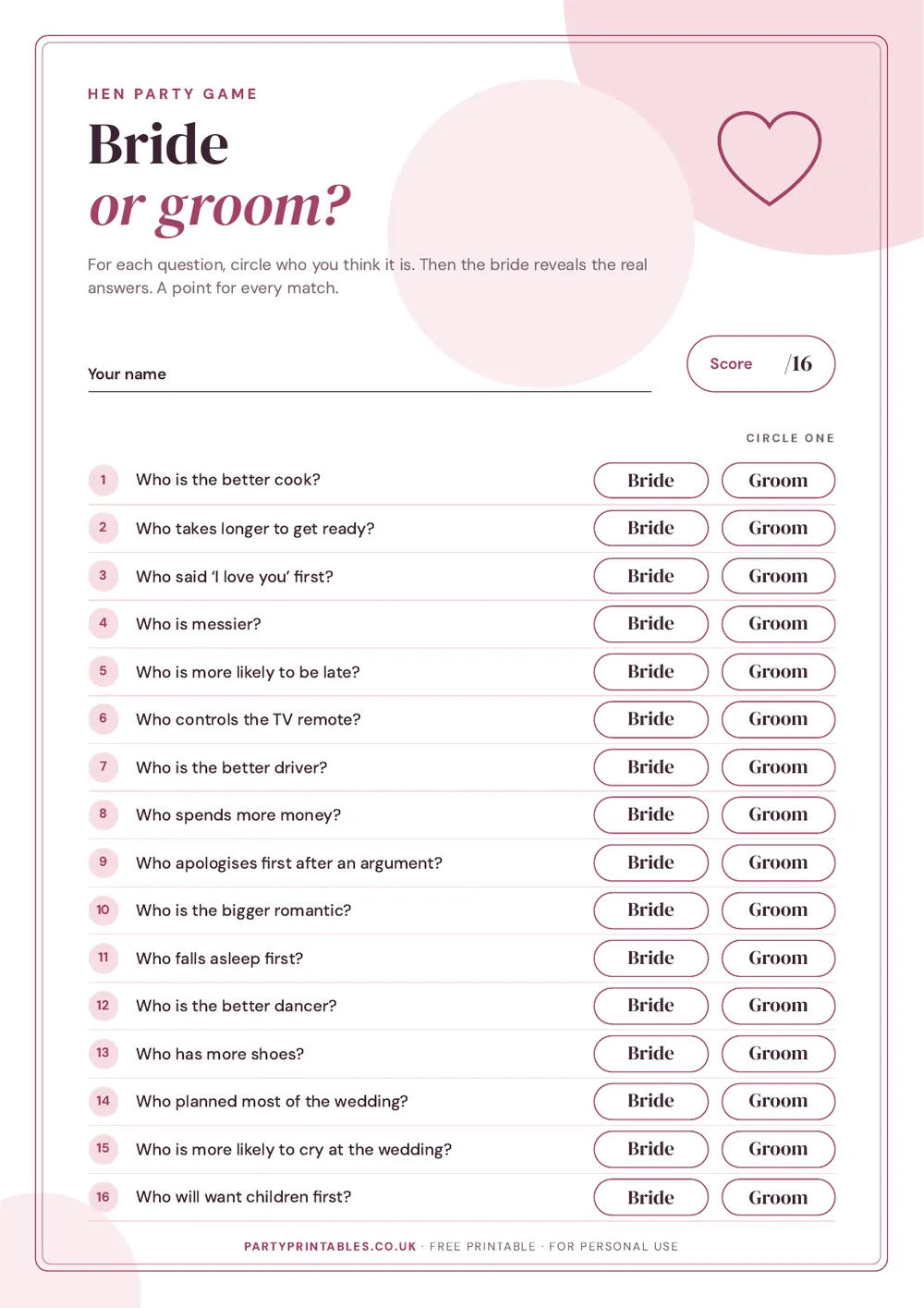 Page 1 of the Bride or groom? Hen party game printable