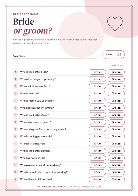 Preview of the Bride or groom? Hen party game printable