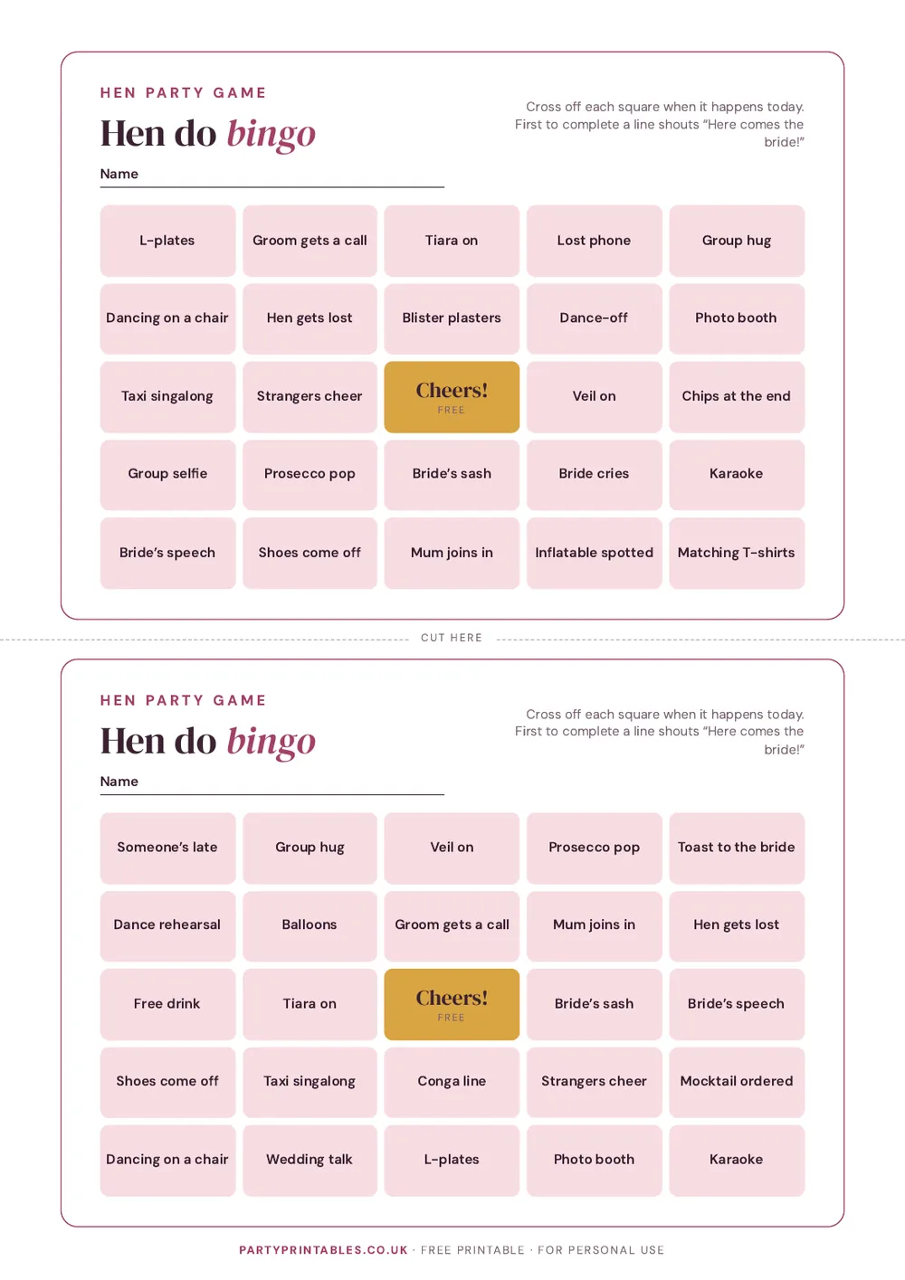Page 1 of the Hen do bingo printable