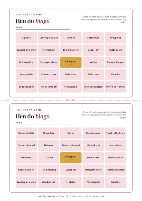 Preview of the Hen do bingo printable