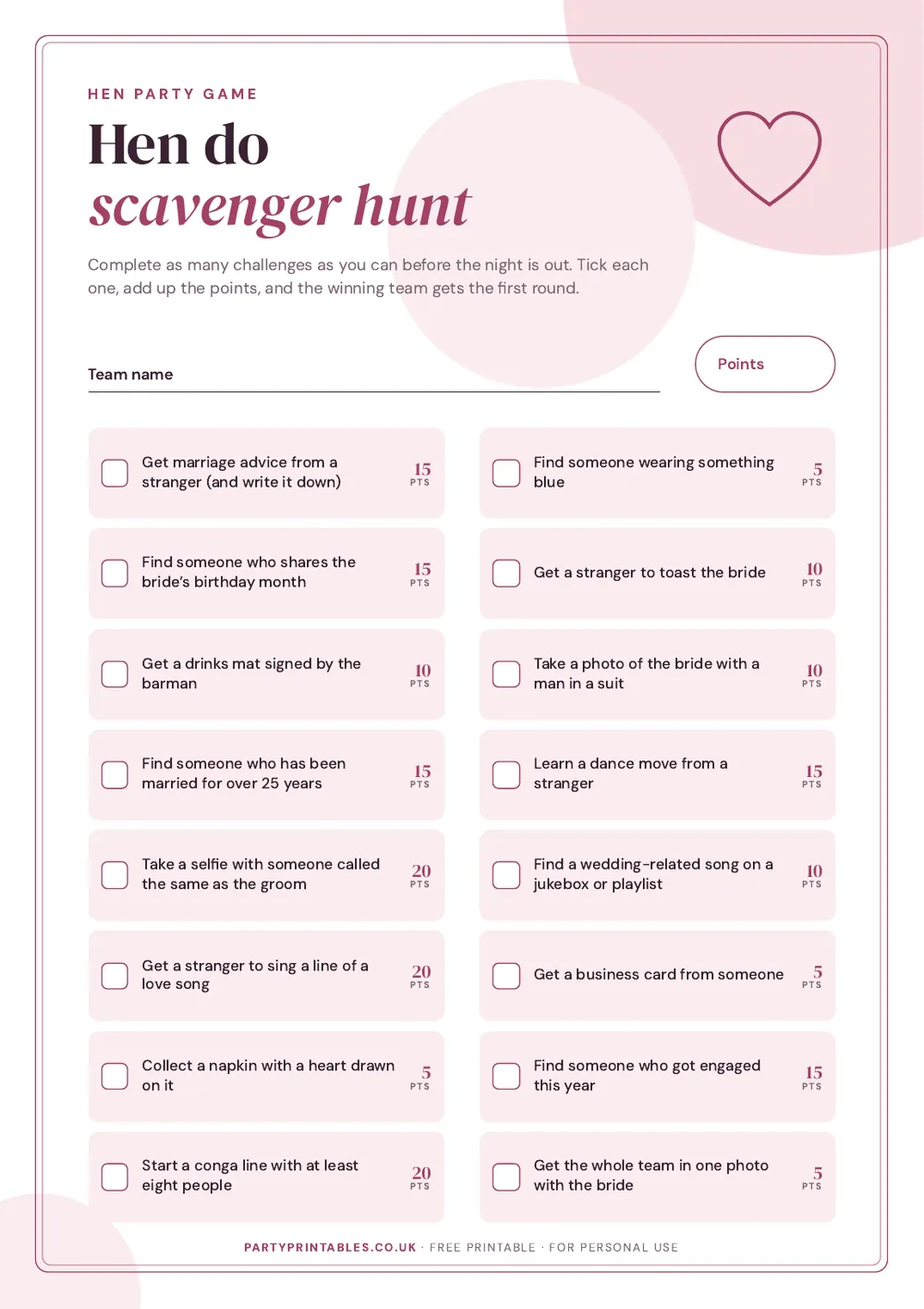 Page 1 of the Hen do scavenger hunt printable