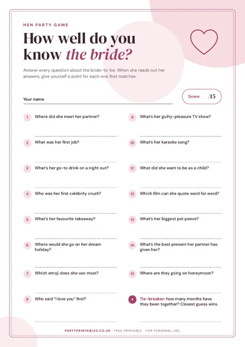 Preview of the How well do you know the bride? printable