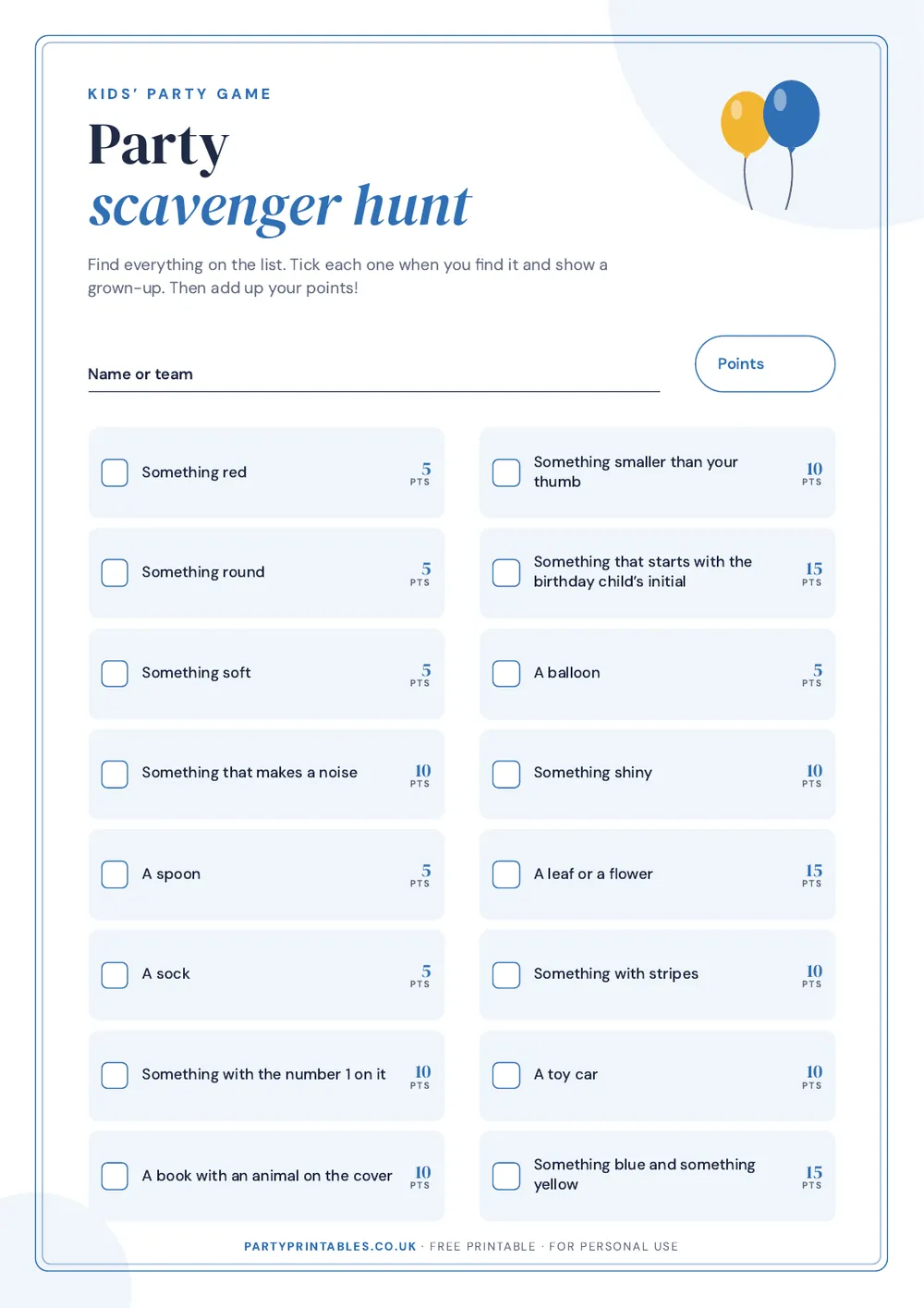 Page 1 of the Kids’ party scavenger hunt printable
