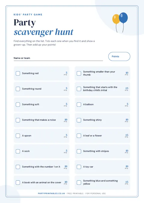 Preview of the Kids’ party scavenger hunt printable