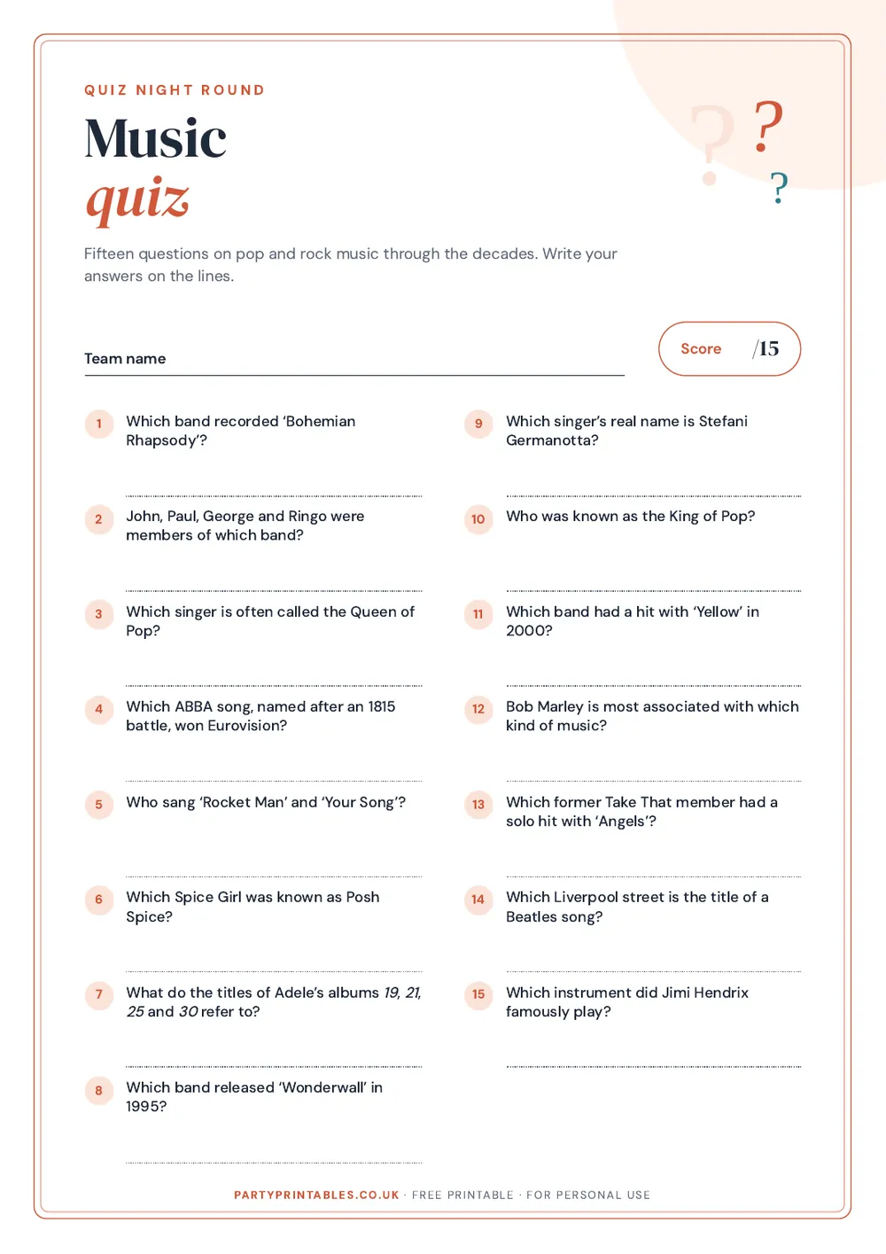 Page 1 of the Music quiz printable