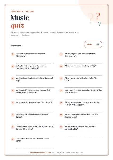 Preview of the Music quiz printable